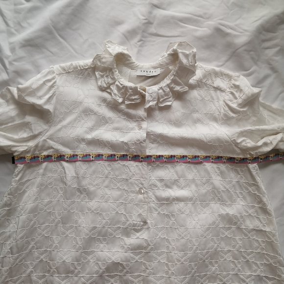 Sandro Jacquard Blouse Double S Logo Pleated Collar Puff Sleeves White 2 Medium - Picture 14 of 16